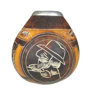 Art Gourd Vase Bowl Argentina  Carved Designs Birds House Trees Person 2.8 inch